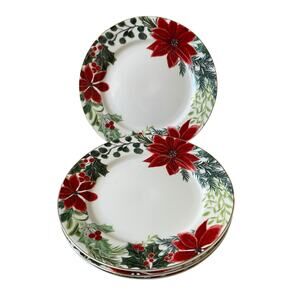 Grace Teaware Christmas Poinsettia Salad Plates 8in Set of 4 Holiday Porcelain